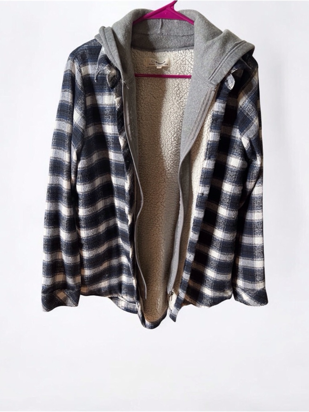 Plaid Sherpa-Lined Hooded Jacket in Navy & Cream